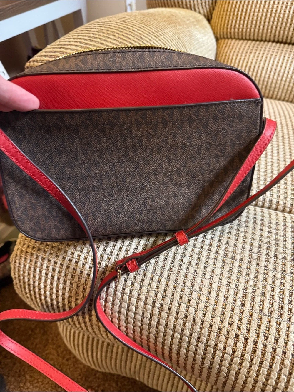 Michael Kors Brown Logo Crossbody with Red Trim and Gold Chain